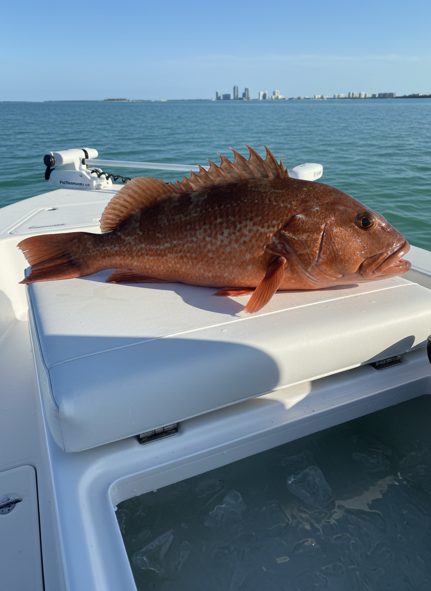 A richly detailed photographic image of a hefty red grouper laid on a padded, white fish box lid aboard a 23.5-foot Pathfinder HPS. The grouper’s deep orange-red body and speckled pattern contrast strongly against the spotless deck, with ice crystals visible at the edge of an open insulated hatch. Warm midday Florida sunlight streams from the side, casting defined yet soft shadows and highlighting the fish’s texture and fins. In the background, slightly out of focus, calm nearshore Gulf waters stretch toward the horizon, where a faint outline of Marco Island’s skyline is visible. Captured from a medium overhead angle with sharp focus, the mood is proud yet professional, underscoring successful, well-run grouper charters without showing any people.