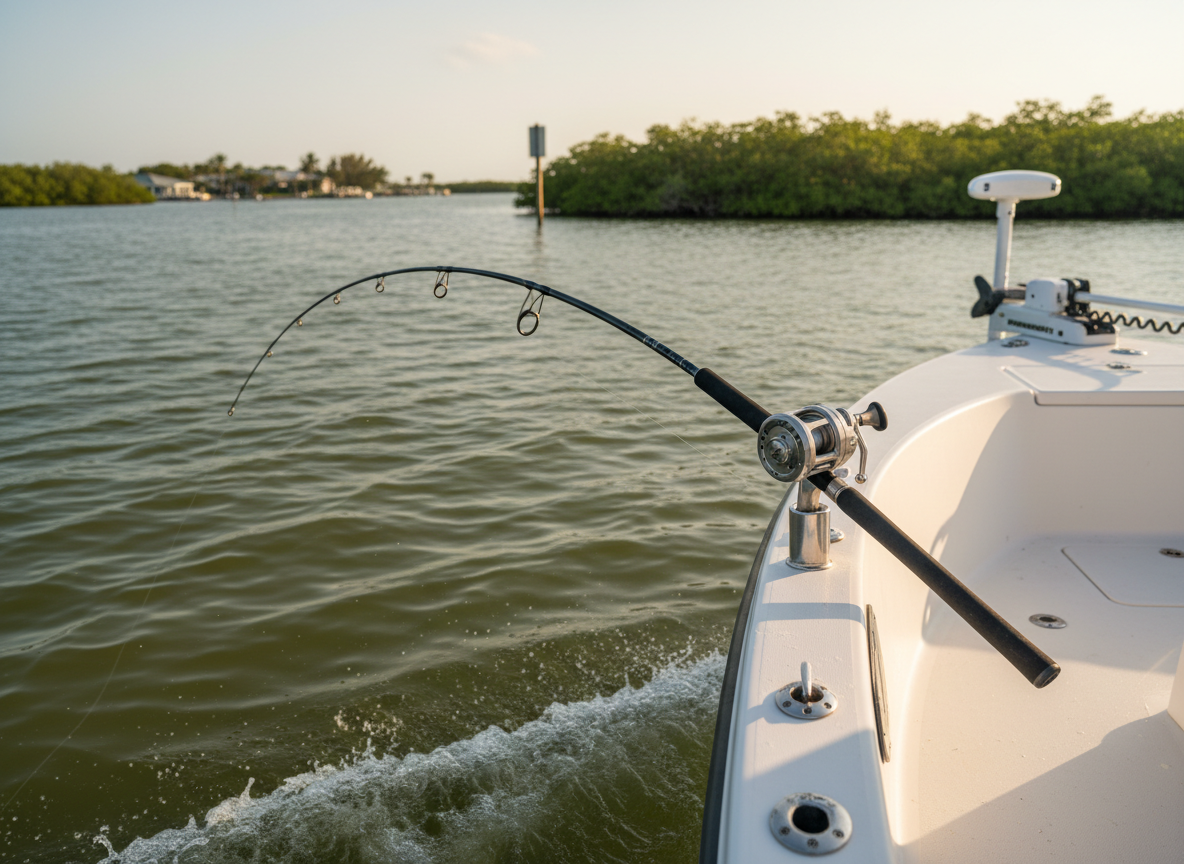 An action-focused photographic scene of a heavy-duty inshore fishing rod bent over the rail of a 23.5-foot Pathfinder HPS, its graphite blank taut and line slicing into rippled, dark-green water. The rod rests securely in a stainless rod holder, with a high-quality spinning reel glinting in bright late-afternoon Florida sun. In the softly blurred background, a mangrove shoreline and distant markers define Marco Island’s backwaters. The camera is positioned low near the gunwale, using a tight, dramatic composition with shallow depth of field to highlight tension in the rod and subtle spray on the hull. The mood is energetic yet controlled, capturing the excitement of a snook or tarpon hookup while preserving a professional, charter-quality aesthetic.