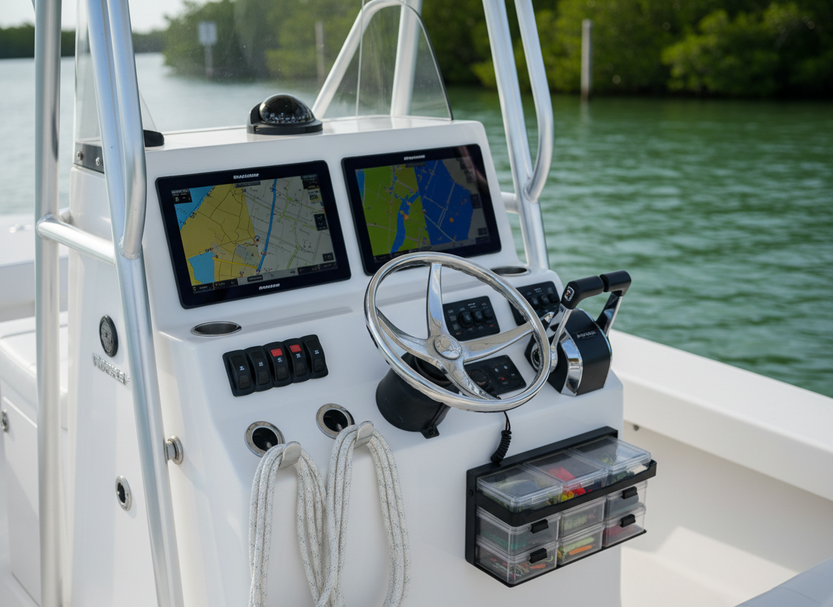 A close-up, photographic realism shot of a polished inshore fishing console on a 23.5-foot Pathfinder HPS, featuring a clean white helm with stainless steel wheel, modern touchscreen electronics, neatly coiled lines, and organized tackle. The boat drifts in calm, emerald-green backwater with blurred mangroves and channel markers in the distance. Soft mid-morning Florida sunlight reflects off the glossy gelcoat and chrome fixtures, creating crisp highlights without harsh glare. Composed from an eye-level, slightly angled perspective with shallow depth of field, the focus rests on the professional-grade equipment. The mood is confident and organized, emphasizing safety, reliability, and a premium charter experience without any human presence.