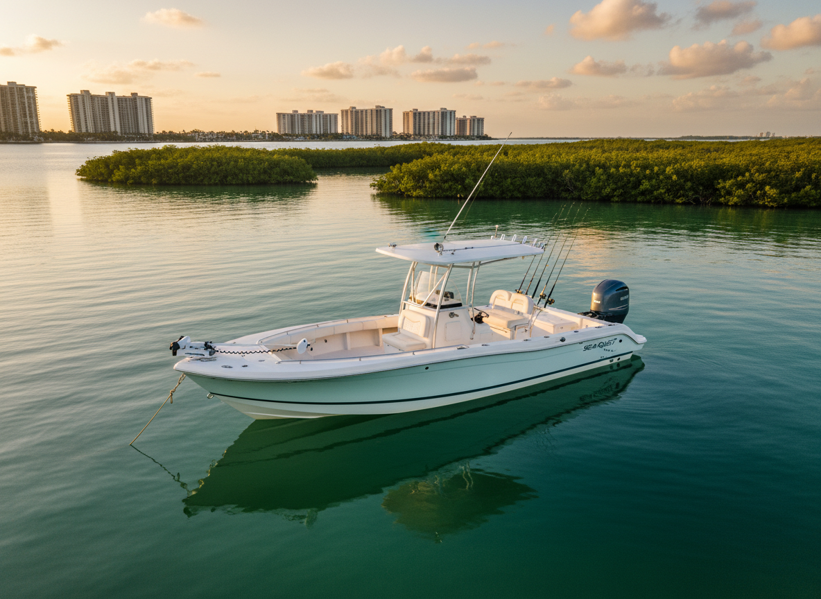A sleek 23.5-foot Pathfinder HPS bay boat, gleaming white with subtle metallic accents and tidy rod holders, floats calmly on glassy, teal-green inshore water near Marco Island, Florida. The boat is anchored beside a lush mangrove shoreline, with low islands and distant condos softened in the background. Golden hour sunlight bathes the hull, creating crisp reflections on the water and gentle shadows along the deck. Captured in photographic realism from a slightly elevated three-quarter angle, the composition follows the rule of thirds, emphasizing both the vessel and expansive sky. The mood is professional yet inviting, showcasing a premium, well-maintained charter boat ready for a family-friendly day on the water.
