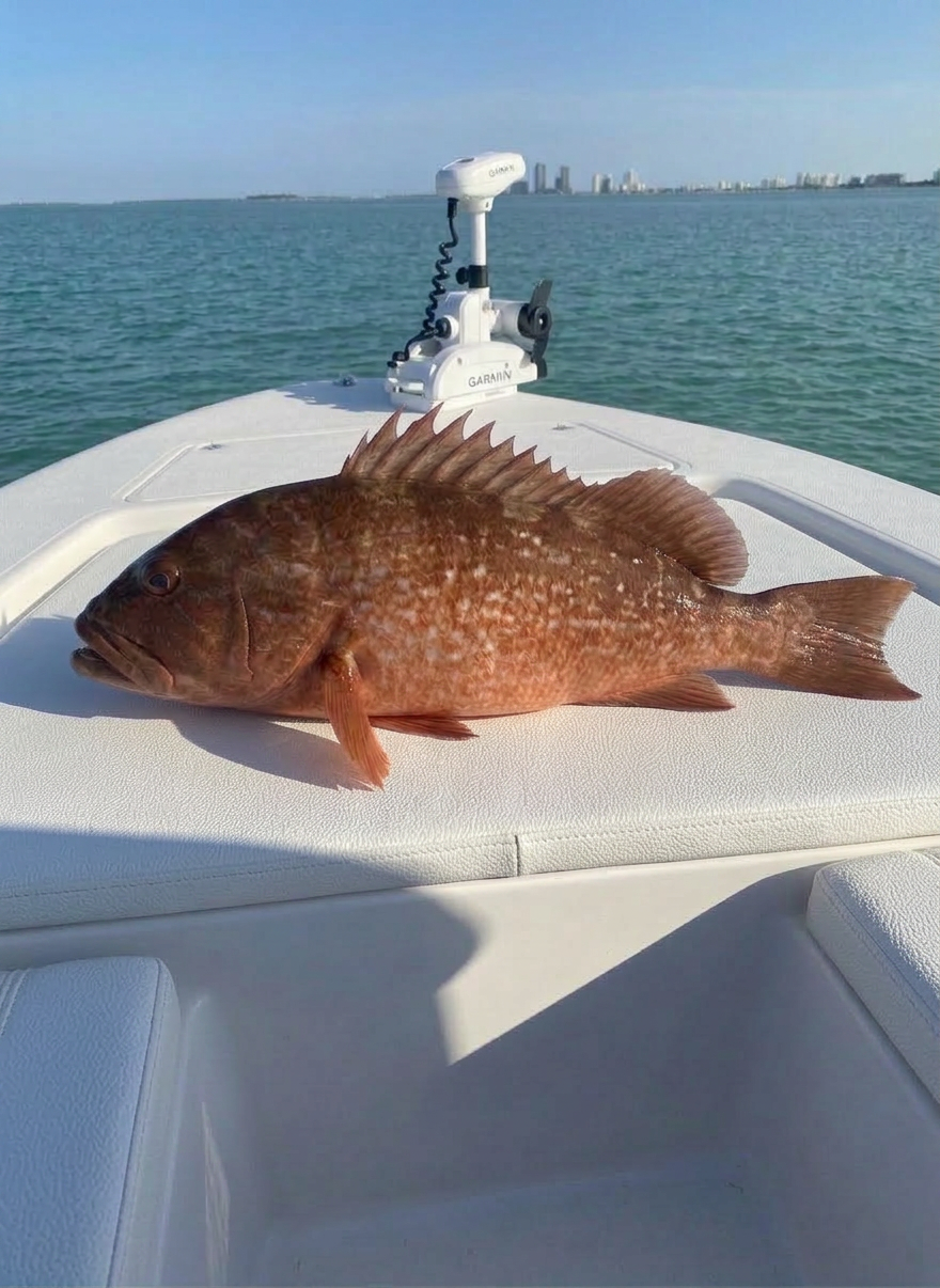 A richly detailed photographic image of a hefty red grouper laid on a padded, white fish box lid aboard a 23.5-foot Pathfinder HPS. The grouper’s deep orange-red body and speckled pattern contrast strongly against the spotless deck, with ice crystals visible at the edge of an open insulated hatch. Warm midday Florida sunlight streams from the side, casting defined yet soft shadows and highlighting the fish’s texture and fins. In the background, slightly out of focus, calm nearshore Gulf waters stretch toward the horizon, where a faint outline of Marco Island’s skyline is visible. Captured from a medium overhead angle with sharp focus, the mood is proud yet professional, underscoring successful, well-run grouper charters without showing any people.